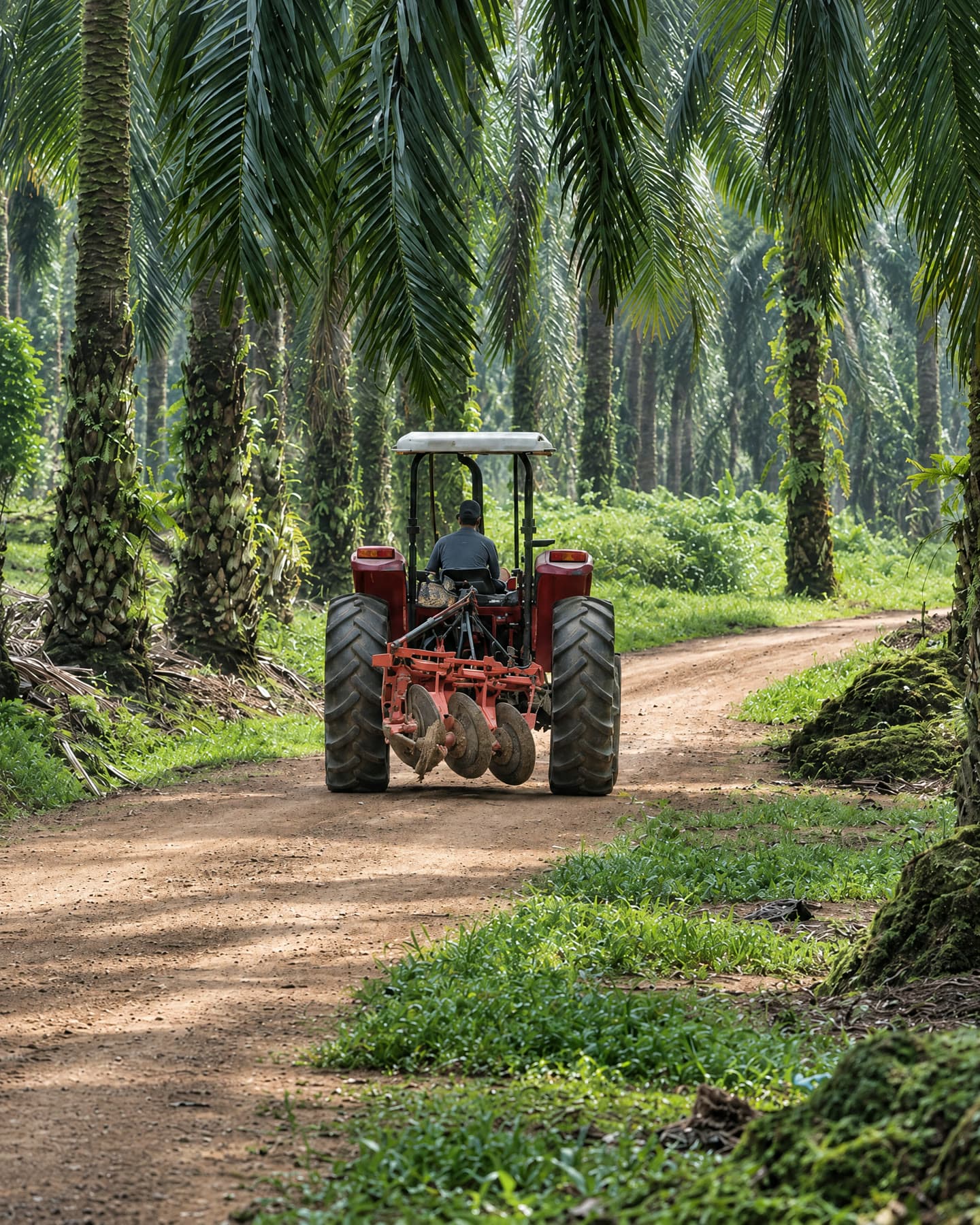 Tractor on a dirt track between oil palms
